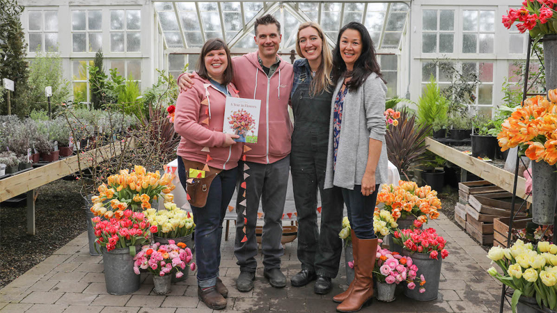 Jill Jorgensen, Chris & Erin Benzakein, and Julie Chai celebrating the launch of A Year In Flowers